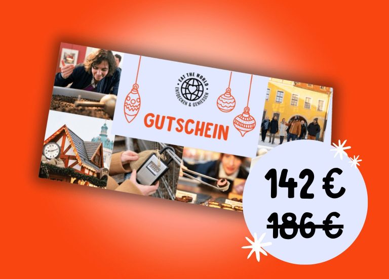 Gutschein mit Lebensmittel- und Weihnachtsmarktfotos, beschriftet mit "Gutschein", bietet einen 4 für 3 Rabatt - zahlen Sie nur 142€ statt 186€ mit diesem Gutscheinpaket.