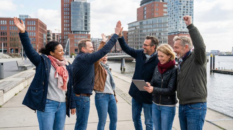Sechs Erwachsene jubeln und klatschen im Freien in der Nähe der Hamburger Landungsbrücken, einer hält ein Tablet in der Hand, während sie ihren Erfolg bei einem Outdoor Escape Game feiern, alle wirken glücklich und begeistert vom Wasser.