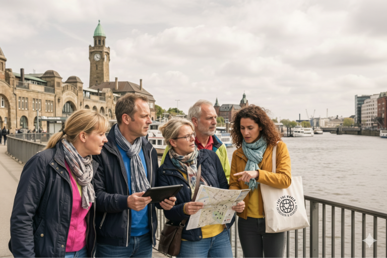 Fünf Personen stehen am Fluss an den Landungsbrücken in Hamburg und schauen auf eine Karte und ein Tablet, während sie ein Outdoor Escape Game spielen, mit Gebäuden und Booten im Hintergrund.
