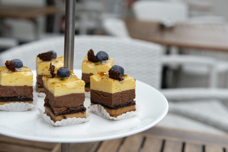 Kleine, geschichtete Schokoladen- und Mousse-Desserts mit Blaubeeren obenauf, präsentiert auf einem weißen Teller - die perfekten Leckerbissen für eine kulinarische Stadtführung in der lebendigen Mannheimer Neckarstadt.