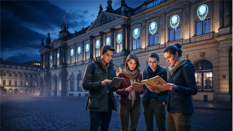 Vier junge Erwachsene studieren nachts auf einem historischen Platz in Berlin-Mitte Bücher, während leuchtende außerirdische Symbole das Gebäude hinter ihnen erhellen - eine Atmosphäre wie bei einem Outdoor Escape Game.
