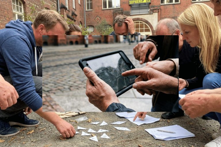 In Berlin-Mitte versammelten sich Menschen im Freien und lösten im Rahmen eines spannenden Outdoor-Escape-Games gemeinsam Rätsel mithilfe von Papier und einem Tablet.
