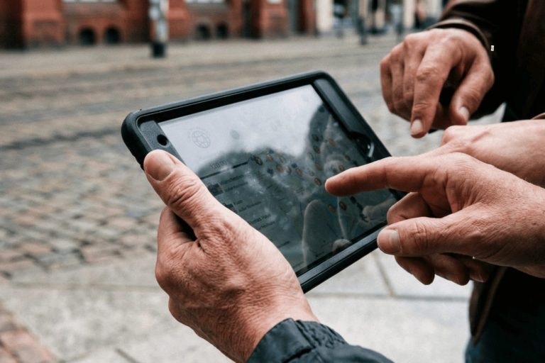 Zwei Personen nutzen ein Tablet mit Touchscreen, um sich im Freien auf einer Straße in Berlin-Mitte eine Karte anzusehen; möglicherweise nehmen sie an einem Outdoor-Escape-Game teil.