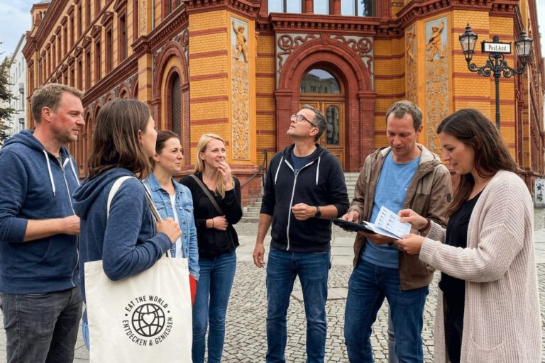 Sieben Erwachsene stehen vor einem Gebäude aus rotem Backstein in Berlin-Mitte; eine Frau hält ein Klemmbrett in der Hand, während die anderen aufmerksam zuhören und darauf warten, ihr Outdoor-Escape-Game zu beginnen.