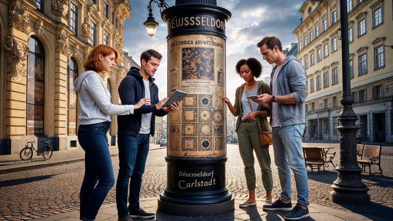 Vier Personen stehen um eine Säule in der Düsseldorfer Carlstadt und spielen ein Outdoor Escape Game, während sie auf einer Kopfsteinpflasterstraße Hinweise lesen und digitale Tablets benutzen.