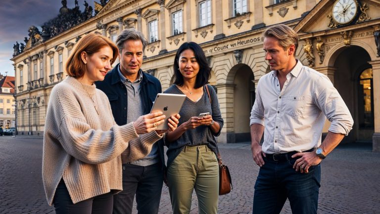 Vier Erwachsene stehen vor einem historischen Gebäude im Olympiapark in München und lächeln zusammen, während sie während eines Outdoor Escape Games Hinweise auf einem Tablet lösen.