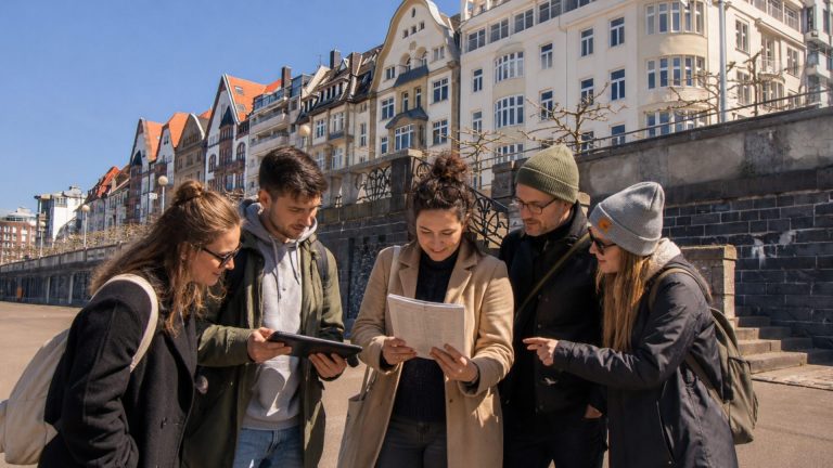 Fünf Personen stehen im Freien in der Nähe von Gebäuden in der Düsseldorfer Carlstadt, lächeln und diskutieren über Papiere und ein Tablet, während sie gemeinsam ein Outdoor Escape Game genießen.