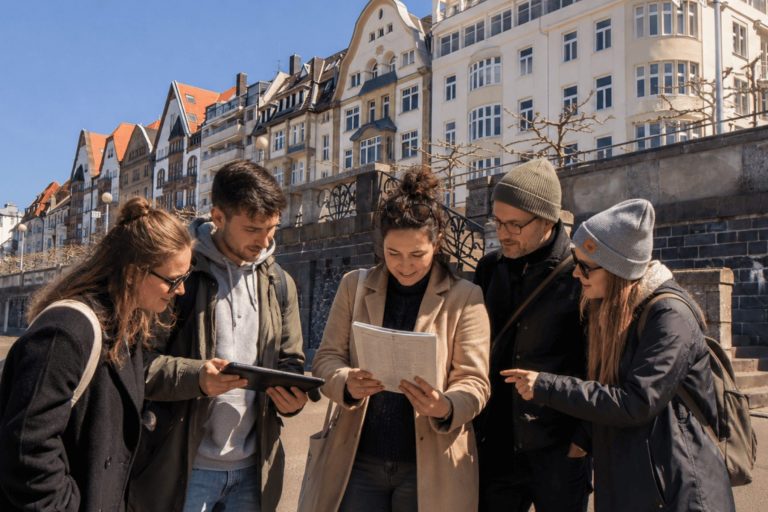 Eine fünfköpfige Gruppe genießt ein Outdoor-Escape-Game in Düsseldorfs Carlstadt und lächelt, während sie Zettel und ein Tablet durchsieht – im Hintergrund sind historische Gebäude zu sehen.