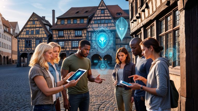 Sechs Personen nutzen Tablets mit holografischen Alien-Bildern auf einem mittelalterlichen Stadtplatz und verwandeln die Frankfurter Altstadt in ein Outdoor-Escape-Game-Abenteuer nahe dem Brückenviertel.
