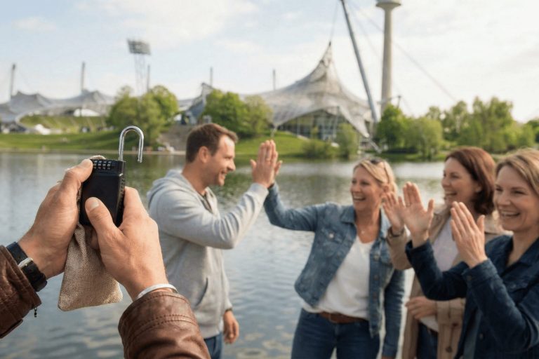 Vier Personen in der Nähe eines Sees im Olympiapark in München geben sich ein High-Five und lächeln, während eine andere Person während eines Outdoor-Escape-Games ein Foto macht.