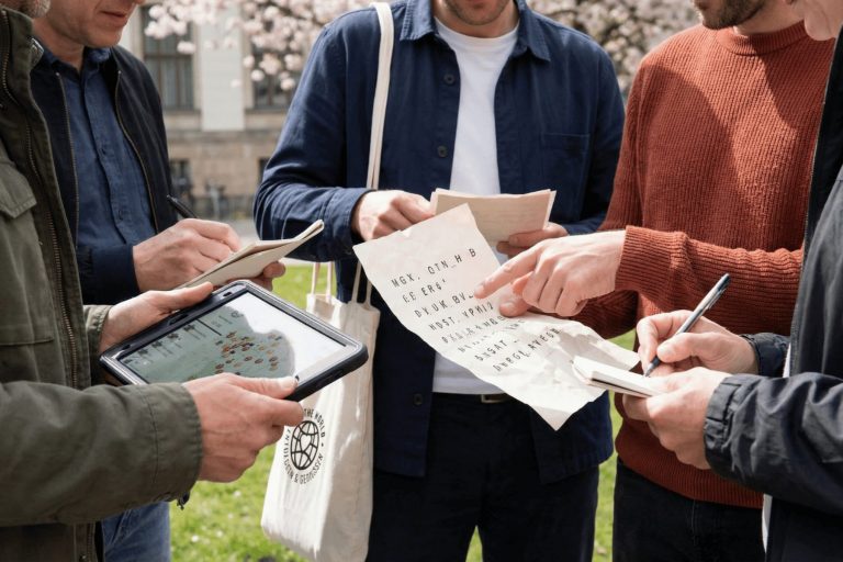 Fünf Personen in der Münsterer Altstadt nehmen an einem Outdoor-Escape-Game teil und tauschen Notizen, einen Zettel mit Codes sowie ein Tablet mit einer Karte auf dem Bildschirm aus.