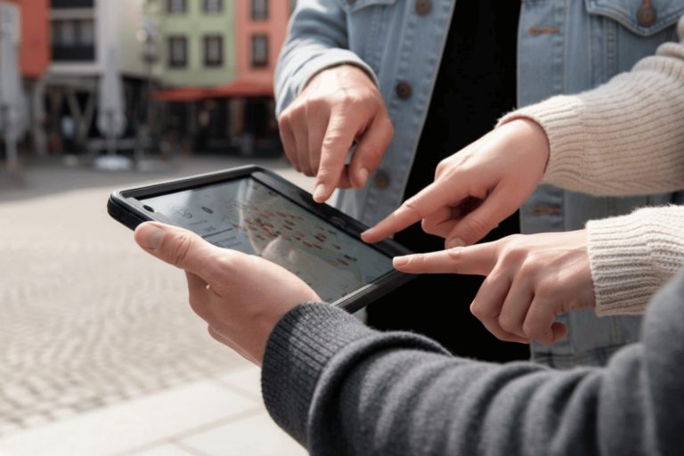 Drei Personen zeigen auf eine digitale Karte auf einem Tablet, während sie ein Outdoor-Escape-Game auf dem Altstädter Markt in Münster genießen.