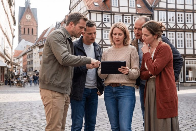 Fünf Erwachsene stehen dicht beieinander in Hannover Mitte, schauen auf ein Tablet und besprechen Hinweise für ein Outdoor-Escape-Game auf dem Stadtplatz.