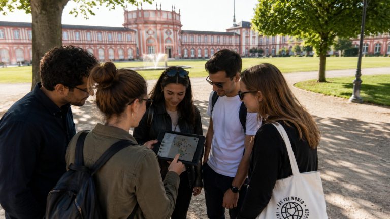 Fünf junge Erwachsene versammeln sich im Freien in Wiesbaden, schauen auf ein Tablet und nehmen an einem Outdoor-Escape-Game teil, während im Hintergrund ein großes historisches Gebäude zu sehen ist.