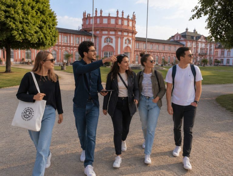 An einem sonnigen Tag schlendern fünf junge Erwachsene gemeinsam vor dem prunkvollen rosa Biebrich-Gebäude in Wiesbaden entlang, bereit, ihr Outdoor-Escape-Game-Abenteuer zu beginnen.