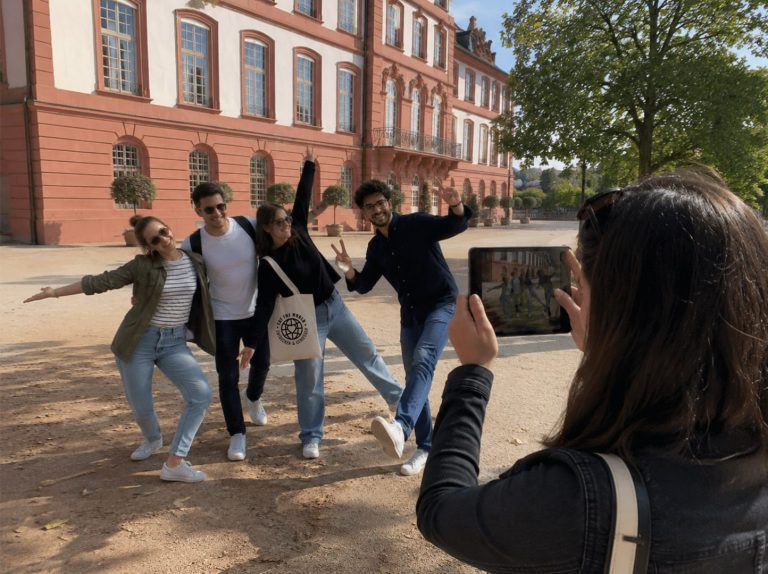 Vier Freunde posieren spielerisch vor einem historischen Gebäude in Wiesbaden für ein Foto, während jemand sie während eines Outdoor-Escape-Games mit einem Tablet fotografiert.