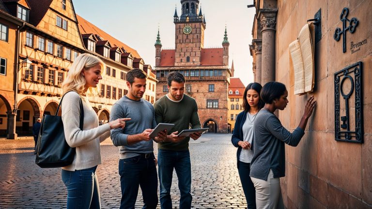 Fünf Personen erkunden ein historisches Wanddisplay in der Bremer Altstadt, dessen alte Gebäude eine reizvolle Kulisse bieten - wie ein Outdoor Escape Game, das sich im Herzen dieses europäischen Stadtplatzes abspielt.
