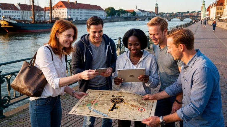 Fünf Personen lächeln an einem Fluss in der Bremer Altstadt zusammen und schauen an einem sonnigen Tag auf eine Karte und ein Tablet - bereit für ihr Outdoor Escape Game Abenteuer.