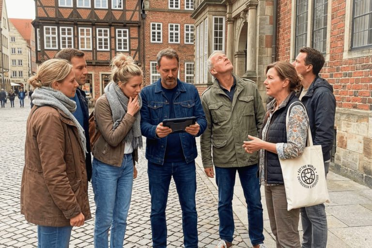 Eine Gruppe von Menschen steht draußen auf einer Kopfsteinpflasterstraße in der Bremer Altstadt und schaut gemeinsam auf ein Tablet, während sie ein Outdoor-Escape-Game inmitten historischer Gebäude genießen.