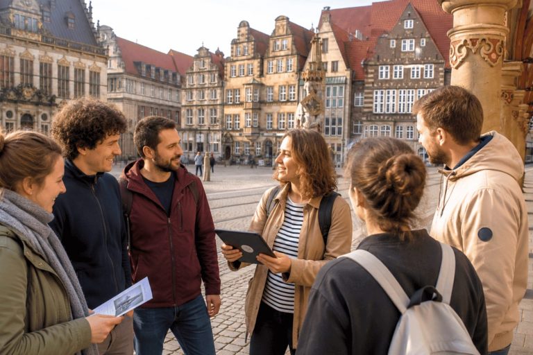 Eine Gruppe junger Erwachsener steht in der historischen Altstadt von Bremen, lächelt und unterhält sich, während sie im Rahmen eines Outdoor-Escape-Games ein Tablet und Zettel in den Händen halten.