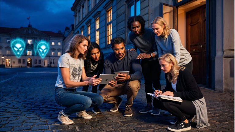 Sechs Personen studieren in der Abenddämmerung Tablets und Notizen in der Kölner Altstadt Süd und spielen ein Outdoor Escape Game, während zwei leuchtende Alien-Gesichter auf ein Gebäude projiziert werden.