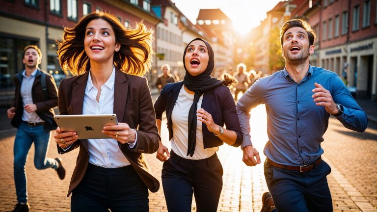 Drei aufgeregte Profis laufen fröhlich eine sonnenbeschienene Straße in der Kölner Altstadt Süd entlang, einer hält ein Tablet in der Hand - bereit für das nächste Outdoor Escape Game, die anderen lächeln und lachen.