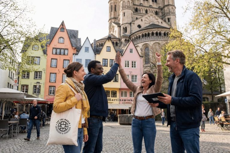 Vier lächelnde Erwachsene feiern gemeinsam im farbenfrohen Stadtteil Altstadt Süd in Köln, vor dem Hintergrund historischer Gebäude, nachdem sie ein spannendes Outdoor-Escape-Game absolviert haben.