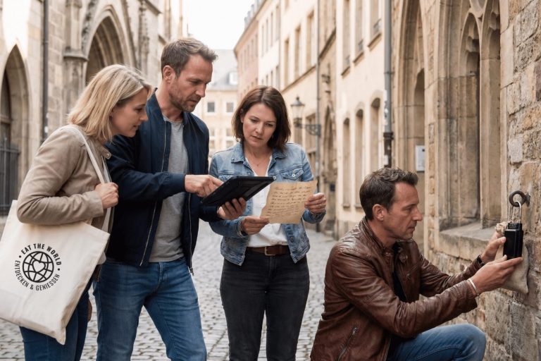 Vier Erwachsene lösen im Freien in der Kölner Altstadt Süd ein Rätsel und untersuchen dabei im Rahmen eines Outdoor-Escape-Games in der Altstadt ein Tablet, ein Blatt Papier und ein Schloss an einer Steinmauer.