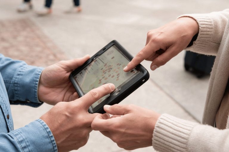 Zwei Personen nutzen im Freien in der Kölner Altstadt Süd ein Tablet mit einer Karten-App und zeigen jeweils auf den Bildschirm – sie sind ganz in ein „Outdoor Escape Game“-Abenteuer vertieft.