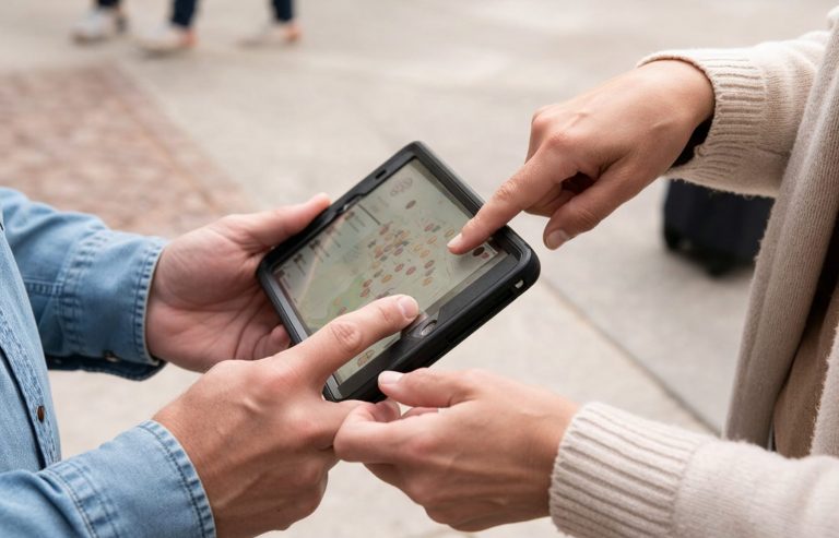 Zwei Personen nutzen ein Tablet, auf dem eine Karten-App angezeigt wird, und planen ihren nächsten Schritt in einem Outdoor-Escape-Game durch den Stuttgarter Killesbergpark, während eine der beiden auf einen Ort auf dem Bildschirm zeigt.