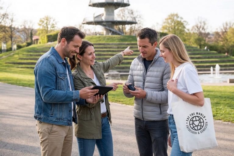 Vier Personen stehen draußen im Stuttgarter Stadtteil Killesberg, lächeln und schauen auf ihre Geräte, während eine Person im Hintergrund auf etwas zeigt – bereit für den nächsten Hinweis in einem Outdoor-Escape-Game.