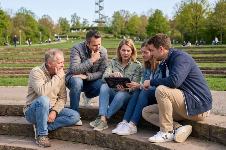 Fünf Personen sitzen auf einer Freitreppe in Killesberg, Stuttgart, und schauen gemeinsam auf ein Tablet – vielleicht planen sie gerade ihr nächstes Outdoor-Escape-Game im Park.