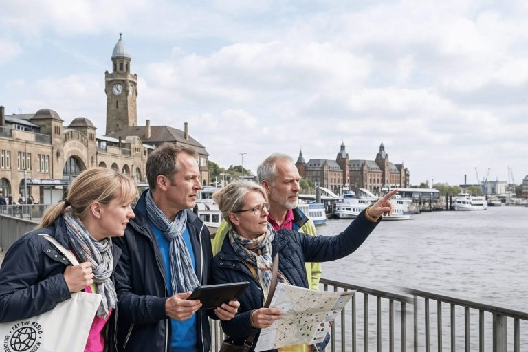 Vier Erwachsene am Ufer eines Flusses im Historischen Zentrum von Hamburg, die auf eine Karte und ein Tablet schauen und ihren nächsten Hinweis in einem Outdoor-Escape-Game planen, während im Hintergrund Boote und historische Gebäude zu sehen sind.
