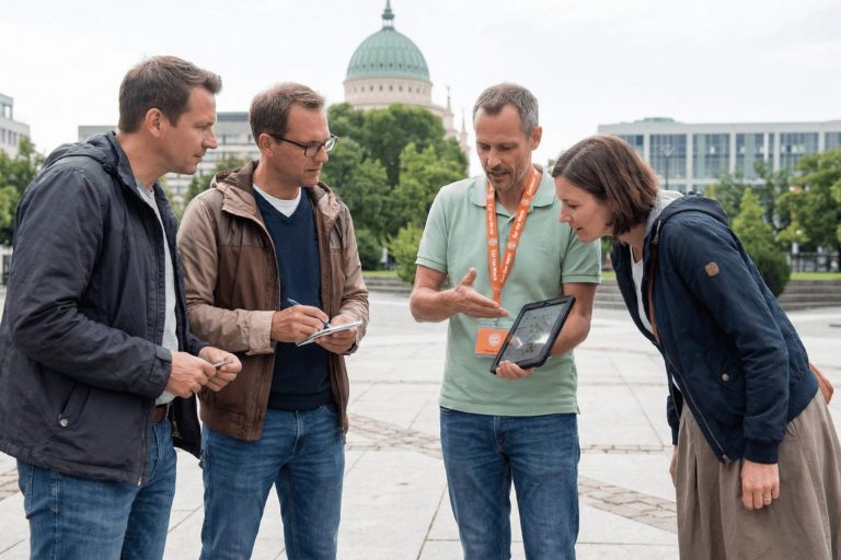 Vier Erwachsene im Freien im Potsdamer Zentrum schauen gemeinsam auf ein Tablet und besprechen Strategien für ihr Outdoor-Escape-Game, im Hintergrund ist ein kuppelförmiges Gebäude zu sehen.