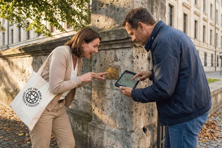 Zwei Personen im Freien in München nutzen ein Tablet und zeigen auf eine Gedenktafel an der Steinmauer der Residenz; sie wirken vertieft und neugierig, während sie an einem Outdoor-Escape-Game teilnehmen.