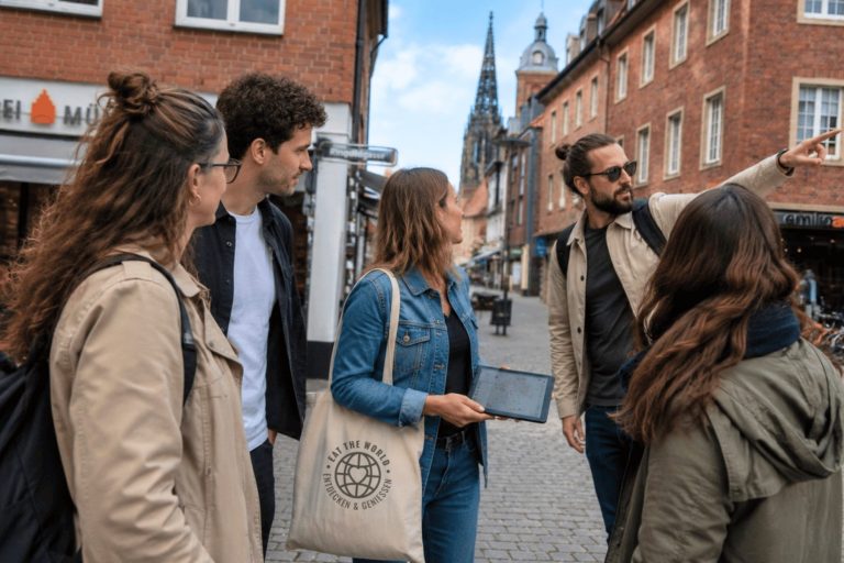 Fünf Personen stehen auf einer Straße im Kreuzviertel in Münster; eine zeigt nach vorne, während die anderen zuschauen – bereit für den nächsten Hinweis bei einem Outdoor-Escape-Game inmitten der umliegenden Gebäude.