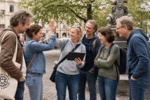 Sechs Erwachsene in Freizeitkleidung, die lächelnd sich im Freien auf einem Stadtplatz mit Bäumen im Hintergrund die Hände reichen.