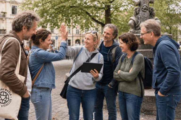 Sechs Erwachsene in Freizeitkleidung, die lächelnd sich im Freien auf einem Stadtplatz mit Bäumen im Hintergrund die Hände reichen.