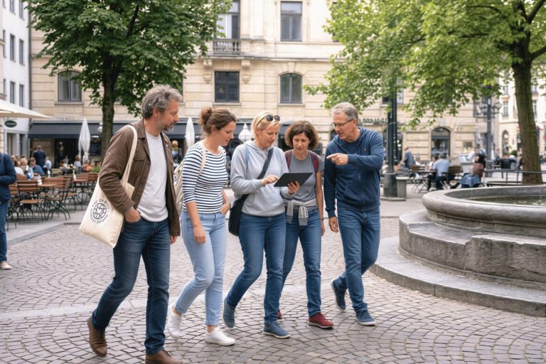 Fünf Erwachsene spazieren im Freien und schauen sich gemeinsam ein Tablet in der Nähe eines Brunnens auf einem Stadtplatz an.