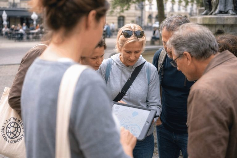 Eine Gruppe von Menschen versammelt sich um eine Frau, die eine Karte oder einen Reiseführer in der Hand hält, vor dem Hintergrund einer städtischen Außenkulisse.