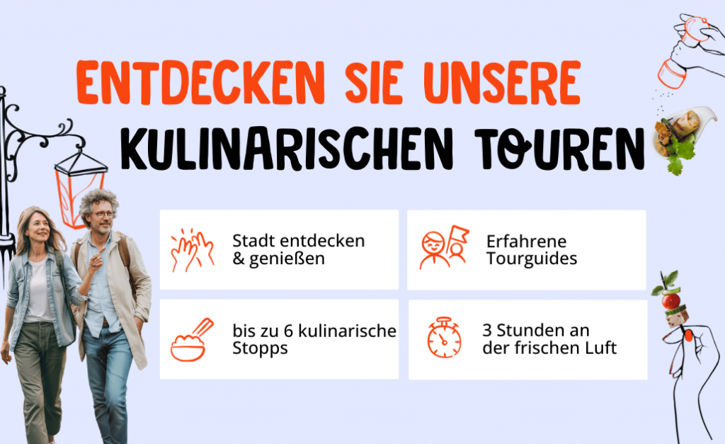 Werbebild für kulinarische Touren in Hamburg mit Infos, gezeichneten Elementen und einem lächelnden Paar beim Spaziergang.