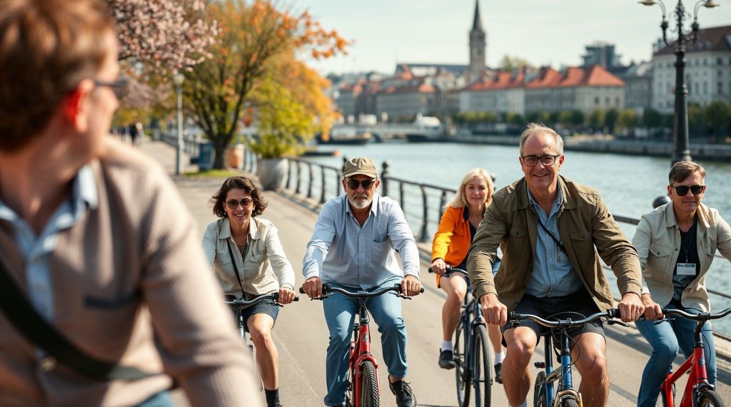 Eine Gruppe lächelnder Erwachsener fährt an einem sonnigen Tag in Hamburg abseits der Touristenpfade auf Fahrrädern entlang des Uferwegs und entdeckt die Stadt auf ungewöhnlichen Stadtrundgängen.