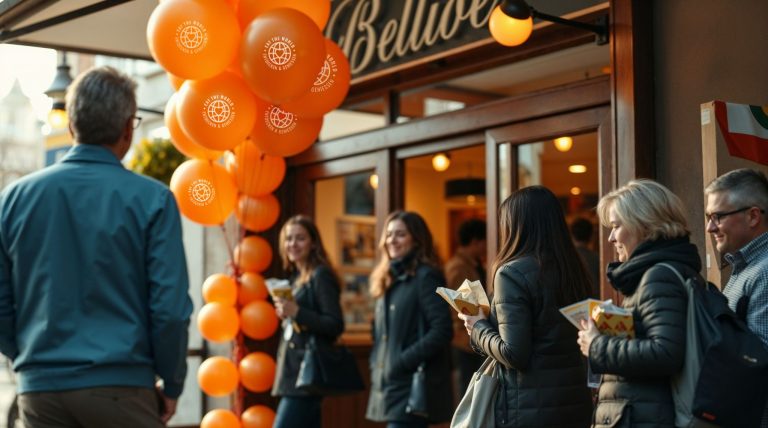 Menschen versammeln sich vor einem Geschäft mit orangefarbenen Luftballons und Prospekten und genießen den Sonnenschein beim Entdecker Genießer Tag in Potsdam.