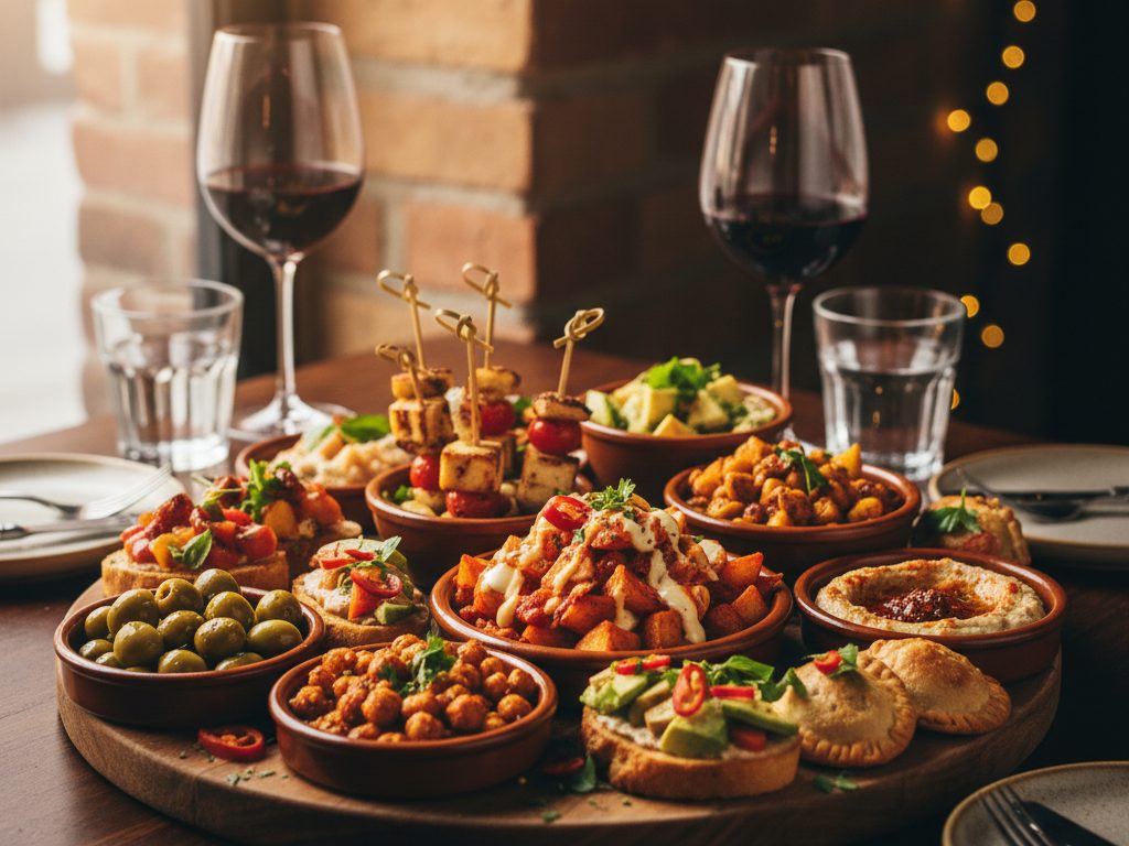 Ein Tisch mit verschiedenen Tapas-Gerichten, zwei Gläsern Rotwein und Wassergläsern, gedeckt für eine Mahlzeit - perfekt für eine vegane Berlin-Entdeckungsreise in der pflanzlichen Hauptstadt.