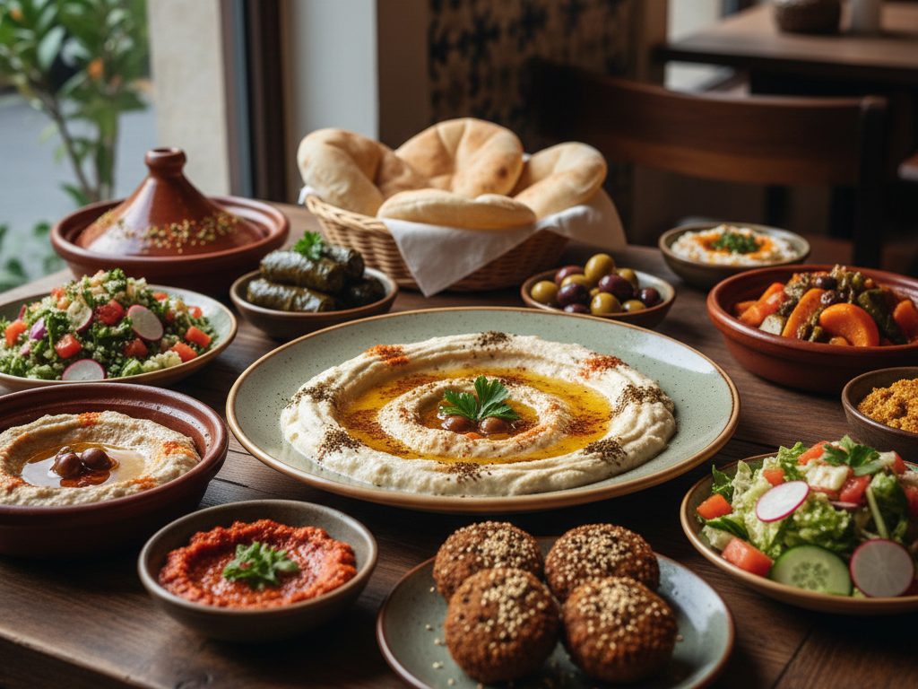 Ein Tisch mit nahöstlichen Gerichten, darunter Hummus, Salate, Falafel, Oliven und Fladenbrot - perfekt für eine kulinarische Entdeckungsreise in der pflanzlichen Hauptstadt Vegan Berlin.