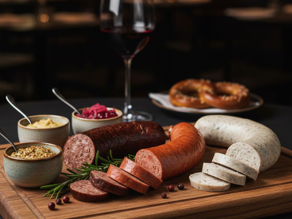 Verschiedene Würste, Soßen und Kräuter auf einem Holzbrett, dazu Wein und Brezeln - ein Geschmack von Berlin, der pflanzlichen Hauptstadt für alle, die vegane Optionen suchen.