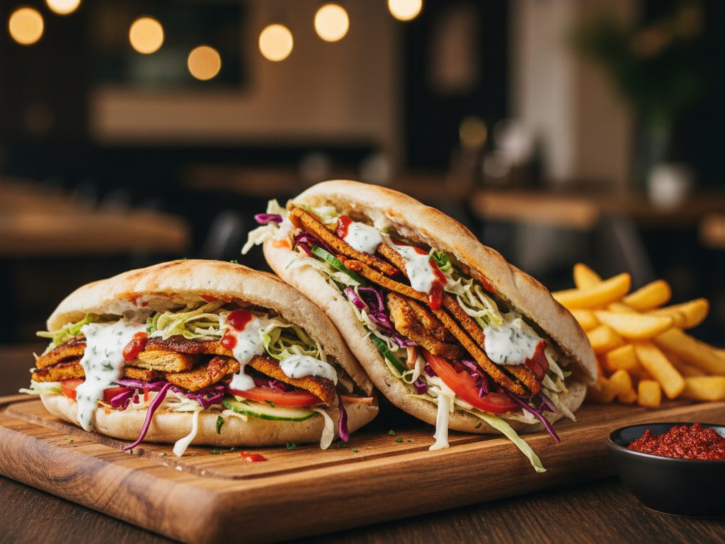 Zwei gefüllte Pita-Sandwiches mit gegrilltem veganem Fleisch, frischem Gemüse und Soße, serviert mit Pommes frites auf einem Holzbrett - eine pflanzliche Hauptstadt-Variante eines klassischen Berliner Lieblingsgerichts.