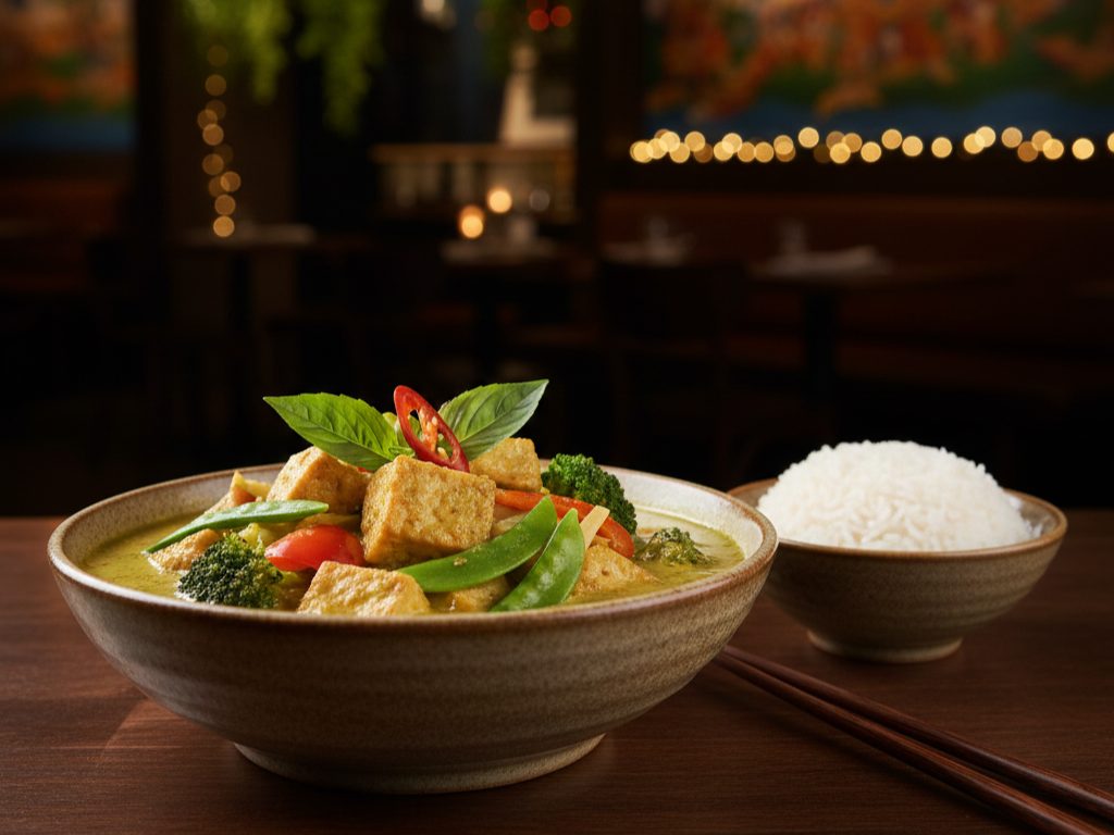 Eine Schüssel Tofu-Gemüsecurry mit Basilikum und Chili, serviert mit weißem Reis auf einem Holztisch - das perfekte Gericht für eine Entdeckungsreise durch Vegan Berlin, die pflanzliche Hauptstadt.