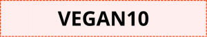 Ein Gutscheincode mit der Aufschrift VEGAN10" in fetten schwarzen Buchstaben auf hellrosa Hintergrund mit gestricheltem rotem Rand - perfekt für Rabatte auf vegane Ernährungstouren.