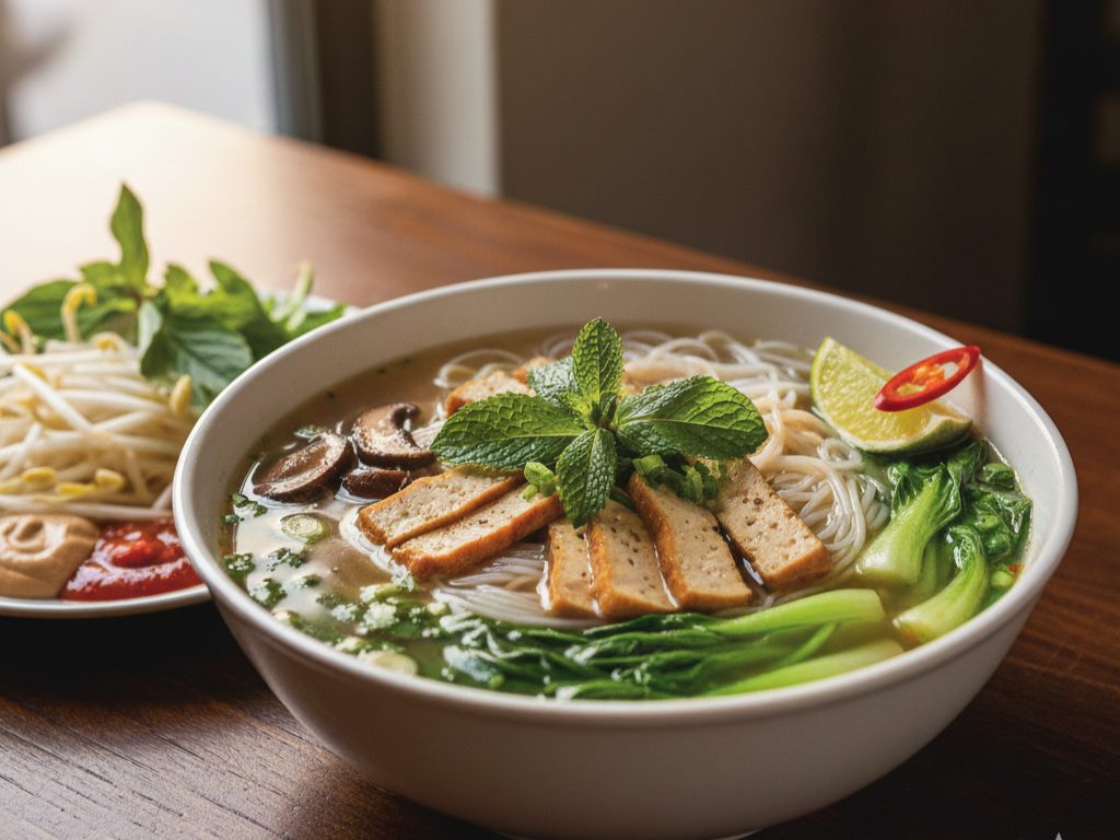 Eine Schüssel vegane Pho mit Tofu, Bok Choy, Pilzen, Limette, Chili und frischen Kräutern auf einem Holztisch - perfekt für alle, die die pflanzliche Küche erkunden oder auf der Suche nach den besten veganen Foodspots in Stuttgart sind.